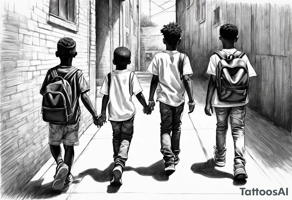 full bodies of 3 black school age boys walking away together and one is looking to the side at the one in the middle tattoo idea