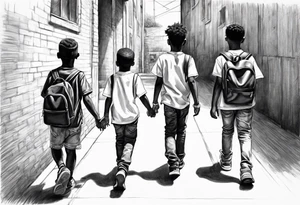 full bodies of 3 black school age boys walking away together and one is looking to the side at the one in the middle tattoo idea