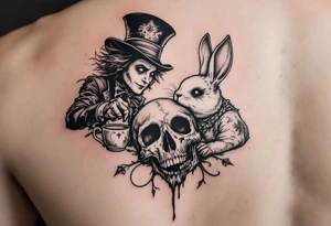 The mad hatter pouring tea on the white rabbit with an open skull tattoo idea