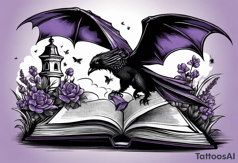 an open book. Above the book, a small dragon, flies. a pawn chess piece.  On the left corner of the book, a little raven. Below the book, a cluster of lavender flowers, with a bumblebee tattoo idea