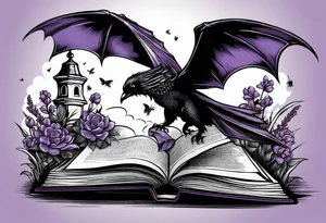 an open book. Above the book, a small dragon, flies. a pawn chess piece.  On the left corner of the book, a little raven. Below the book, a cluster of lavender flowers, with a bumblebee tattoo idea