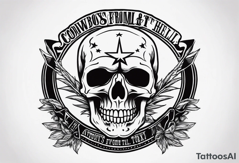 a SKULL tattoo with the overhead text saying "COWBOYS FROM HELL" and the bottom text saying "ARLINGTON, TX" tattoo idea