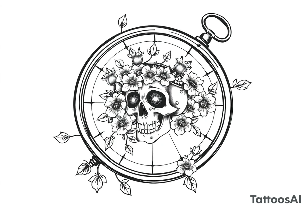 Compass with detailed beautiful gothic boho flowers on vine and skull with gorgeous crown tattoo idea