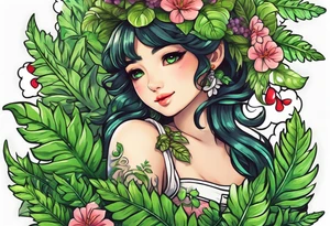 Fern leaf and basil leaf tied with a kawaii ribbon tattoo idea