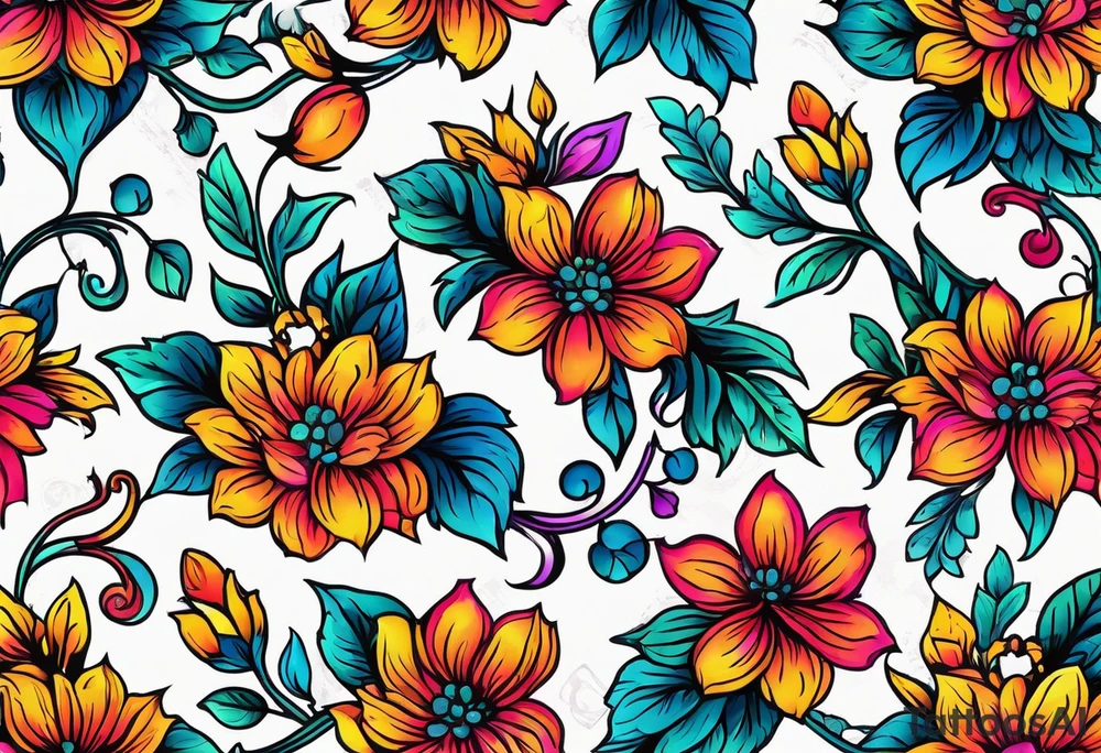 FLORAL PATTERN, SEEMLESS, BRIGHT, NEONS, COLORFUL tattoo idea