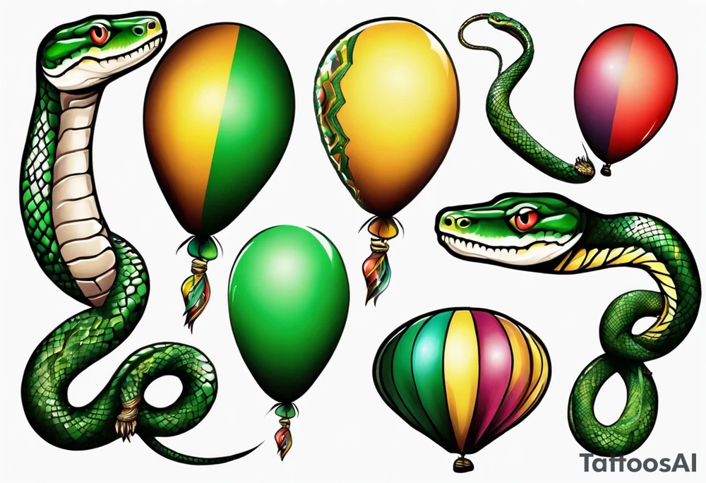 african python with colored ballons aside and a green stone on the other side tattoo idea
