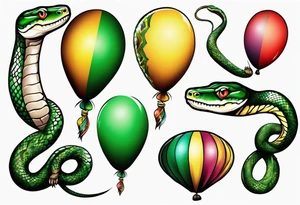 african python with colored ballons aside and a green stone on the other side tattoo idea