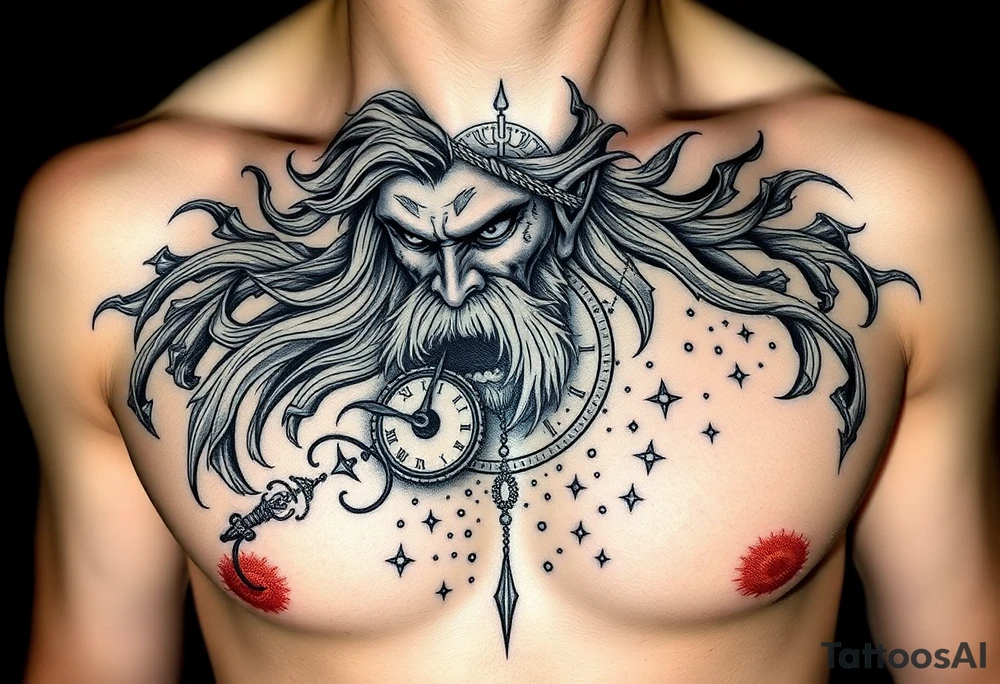 2. Cronos / Saturno – El Devorador del Tiempo
Un anciano con barba flotante y mirada vacía, devorando un reloj de arena.

Las arenas del tiempo se dispersan por el pecho como si fueran estrellas o sangre.

Puede incluir símbolos zodiacales antiguos alrededor o cadenas rotas. tattoo idea