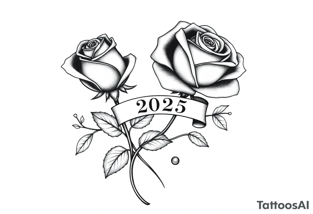 two beautiful large rose buds, one larger than the other, with many leaves next to the rose buds, with one sitting higher than the other. Include a banner connecting the two roses with the year "2025" on it.   Use dark outlines with little shading. The two stems should be short, not long, and connect and join into one stem, whimsically curved or twisted - not straight down. tattoo idea