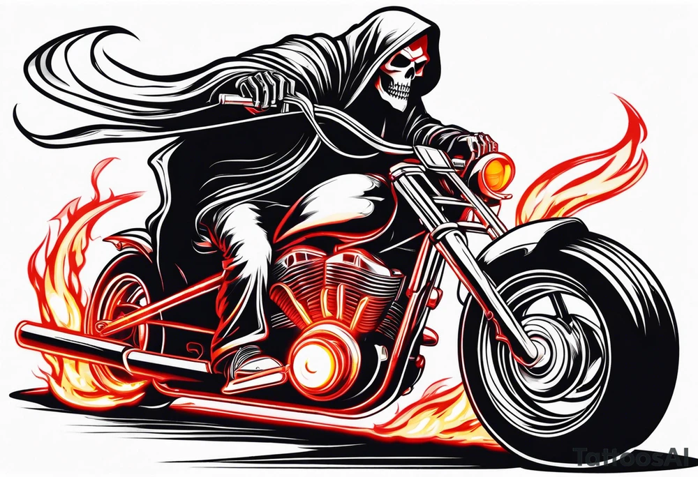 Grim Reaper on motorcycle on fire with red glowing eyes tattoo idea