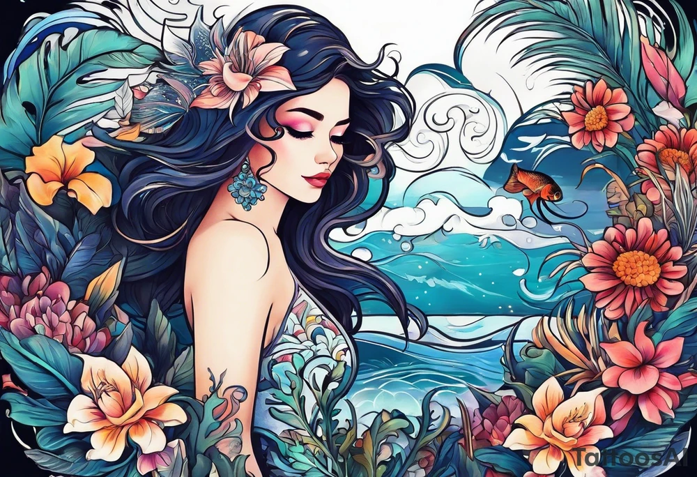 sea,, night, flower, palm, animal tattoo idea
