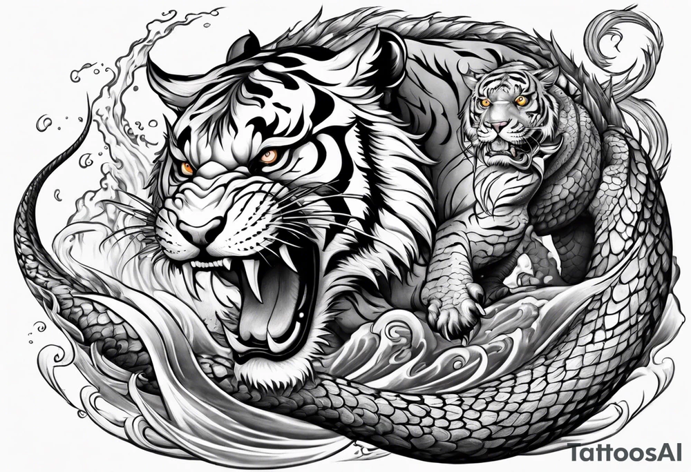 Tiger fighting a water dragon tattoo idea