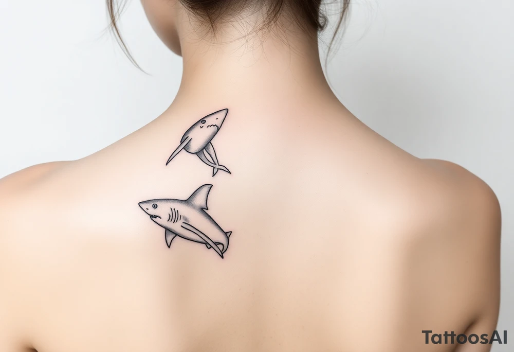 one lemon shark and one whale shark swimming upwards towards the neck in a line tattoo idea