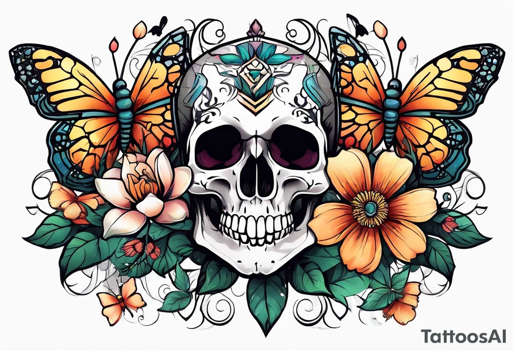 Skull tattoo with a scorpion, butterflies, and flowers tattoo idea