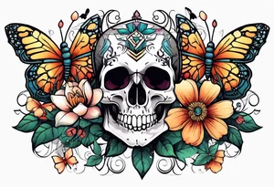 Skull tattoo with a scorpion, butterflies, and flowers tattoo idea