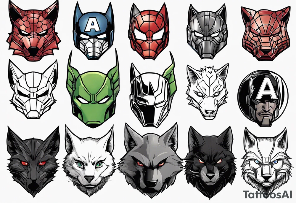 I want to change Avengers Team characters with animals. Hulk will be Badger, Thor will be Alpha Grey Wolf, Captain America will be Bull, Iron Man will be Canary, Black Widow will be Axolotl, Hawk Eye will be Sudan Plated Lizard and Nick Fury will be Cat. tattoo idea