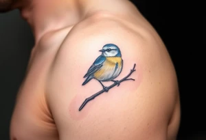 Blue tit bird sitting on a branch tattoo idea