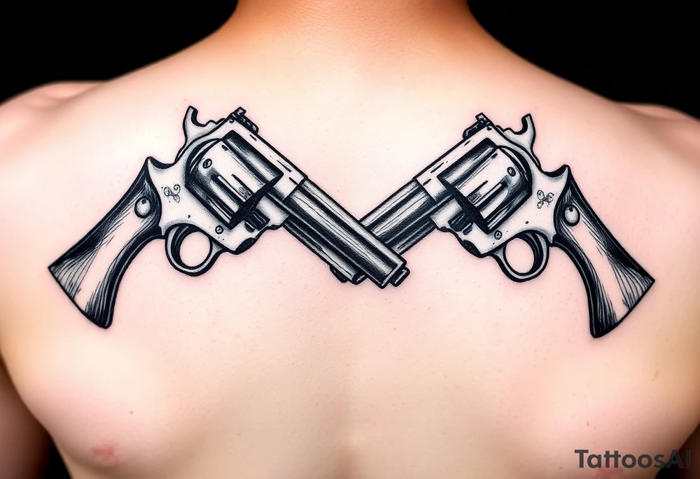 2 revolvers with wooden handles pointing down with barrels crossing one another tattoo idea