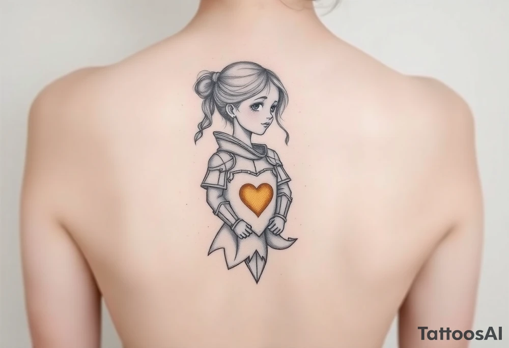 A little girl, coated with armor,rising through the ashes, with a tear in her eye and a heart of gold tattoo idea