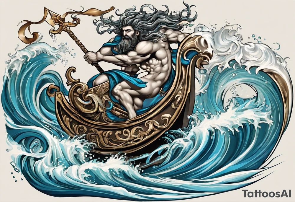 Poseidon (Left Upper Arm):

Poseidon riding a chariot pulled by sea horses, with waves crashing around them.
Poseidon wielding his trident with a powerful stance, commanding the sea.
Dolphins and fish swimming through the waves, along with swirling patterns to represent the movement of water. tattoo idea