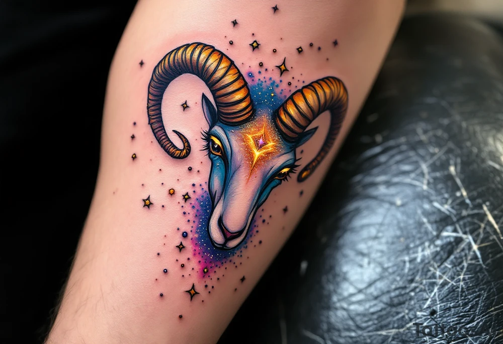 A constellation of Aries forms above a golden ram’s horn, surrounded by cosmic dust in vibrant magenta and copper. tattoo idea