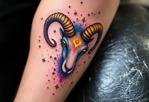 A constellation of Aries forms above a golden ram’s horn, surrounded by cosmic dust in vibrant magenta and copper. tattoo idea