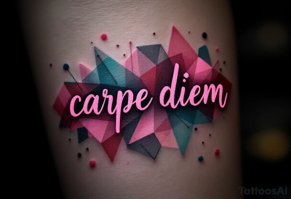 Pink ink lettering "carpe diem" on darker skin, glowing subtly like chalk on a blackboard, surrounded by geometric shapes. tattoo idea