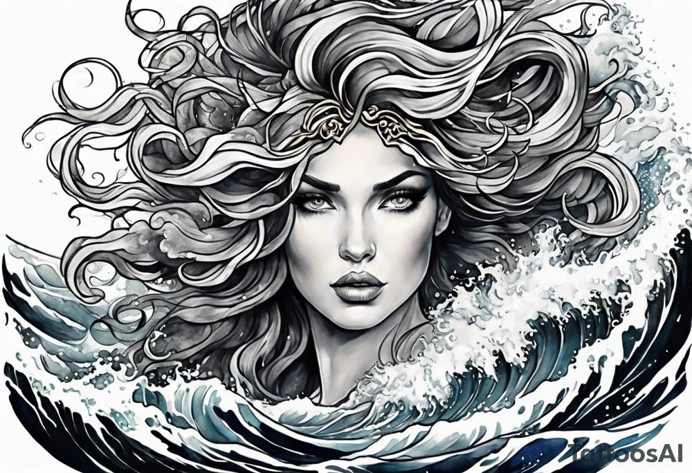 stormy sea waves, a woman in the middle of a storm, Medusa the Gorgon tattoo idea