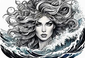 stormy sea waves, a woman in the middle of a storm, Medusa the Gorgon tattoo idea