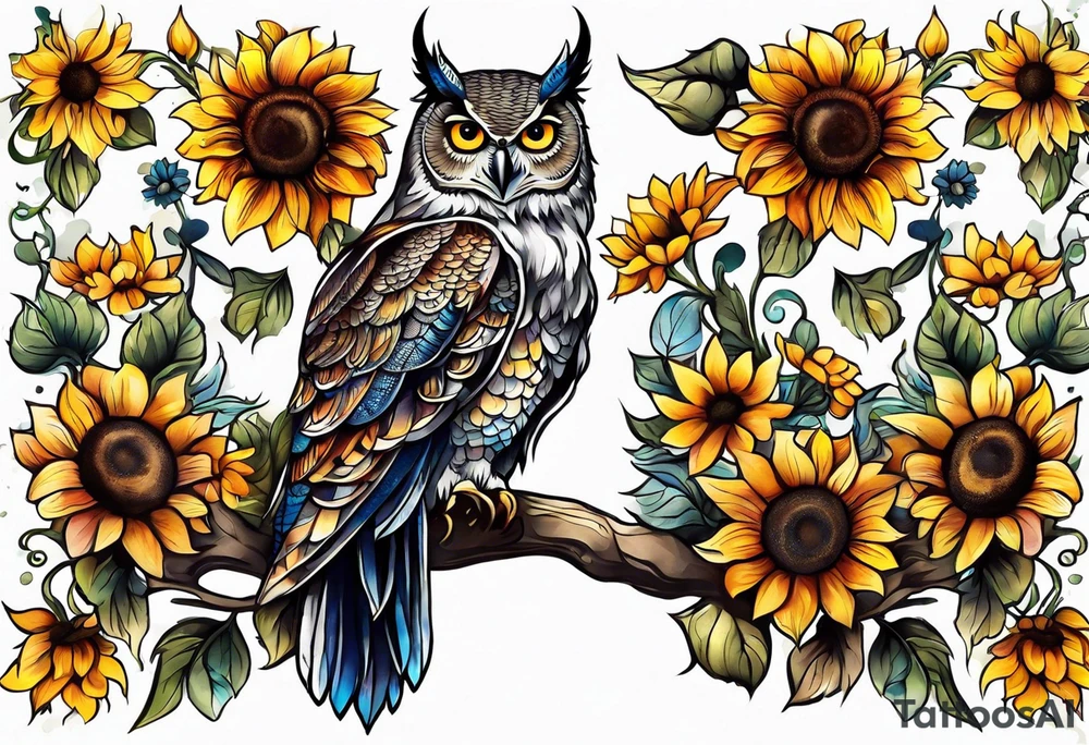 Arm sleeve with colorful sunflowers and an owl tattoo idea
