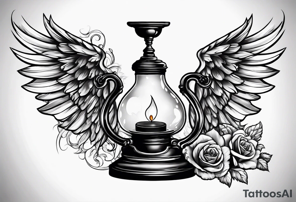 Extinguished oil lamp with smoke and angel wings tattoo idea