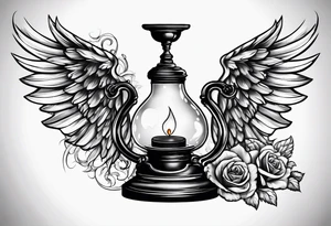 Extinguished oil lamp with smoke and angel wings tattoo idea