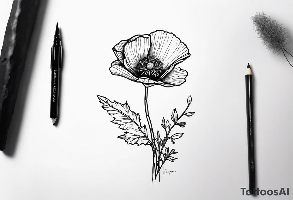 Poppy flower growing from a rock and roots grow down rock tattoo idea