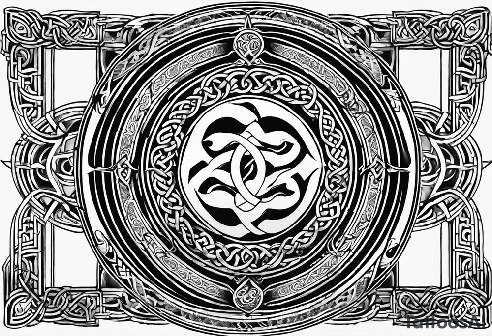 A tattoo in Celtic style with a sun and a moon the tattoo must have a long shape and I want a snake running trough it tattoo idea