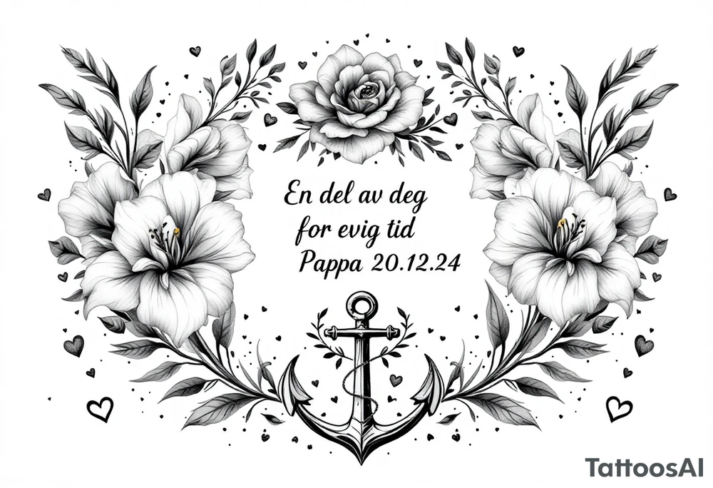 «En del av deg for evig tid
Pappa 20.12.24» Surrounded by long gladiolus, hearts, notes and an anchor.
Make it standing tattoo idea