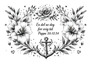 «En del av deg for evig tid
Pappa 20.12.24» Surrounded by long gladiolus, hearts, notes and an anchor.
Make it standing tattoo idea