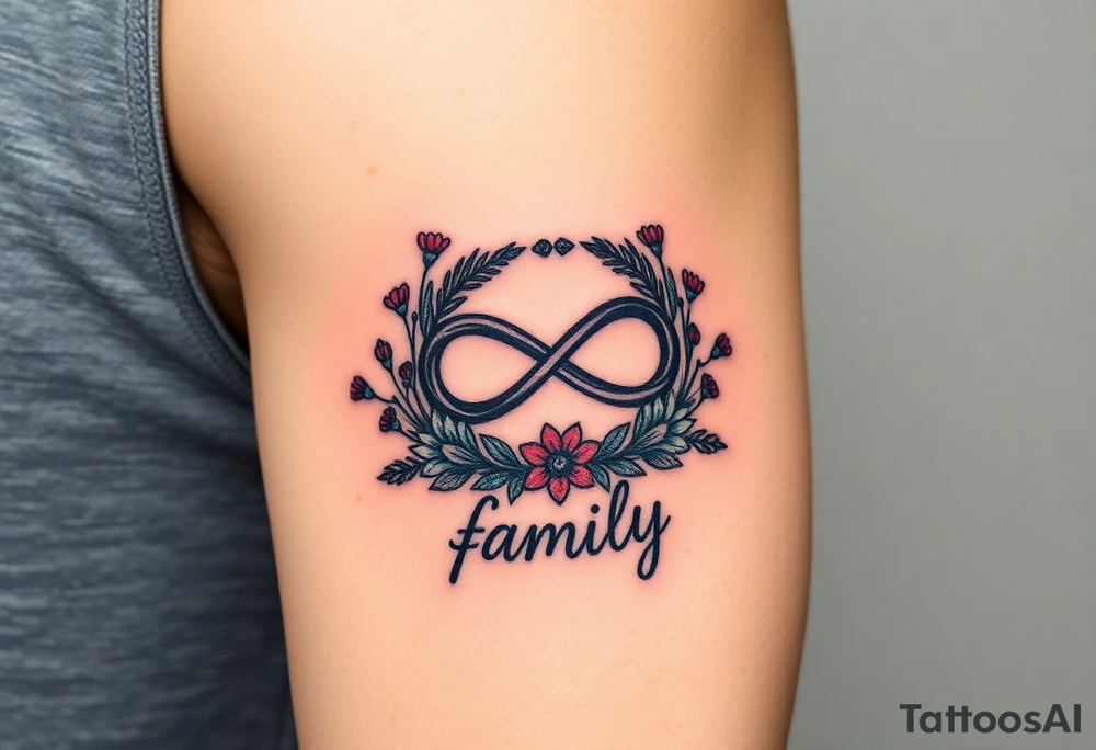 An infinity symbol surrounded by a wreath of wildflowers, with the word "family" flowing beneath tattoo idea