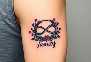 An infinity symbol surrounded by a wreath of wildflowers, with the word "family" flowing beneath tattoo idea