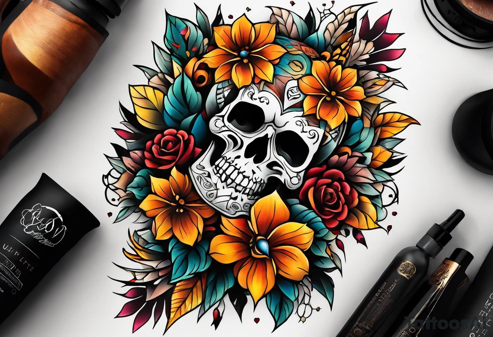 center knee tattoo with fall colors, flowers, skulls and geometric shapes. tattoo idea