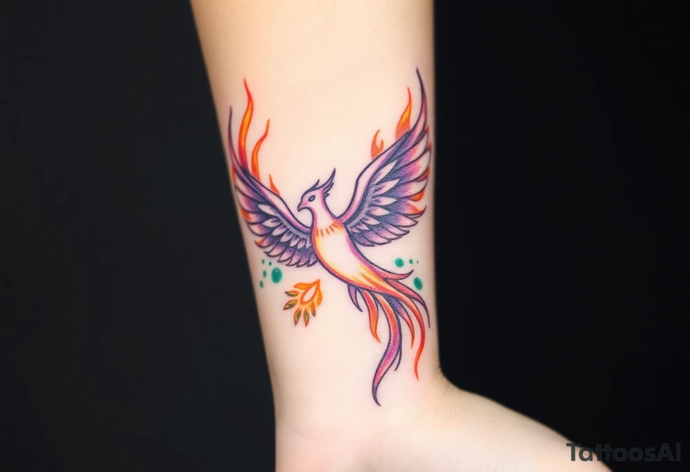 Phoenix with blazing flames with purple, orange, teal and green splashes tattoo idea
