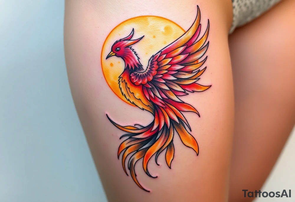 magnificent phoenix rising from flames with trailing embers pinks golds orange and yellows with a golden sunset and sky backdrop tattoo idea