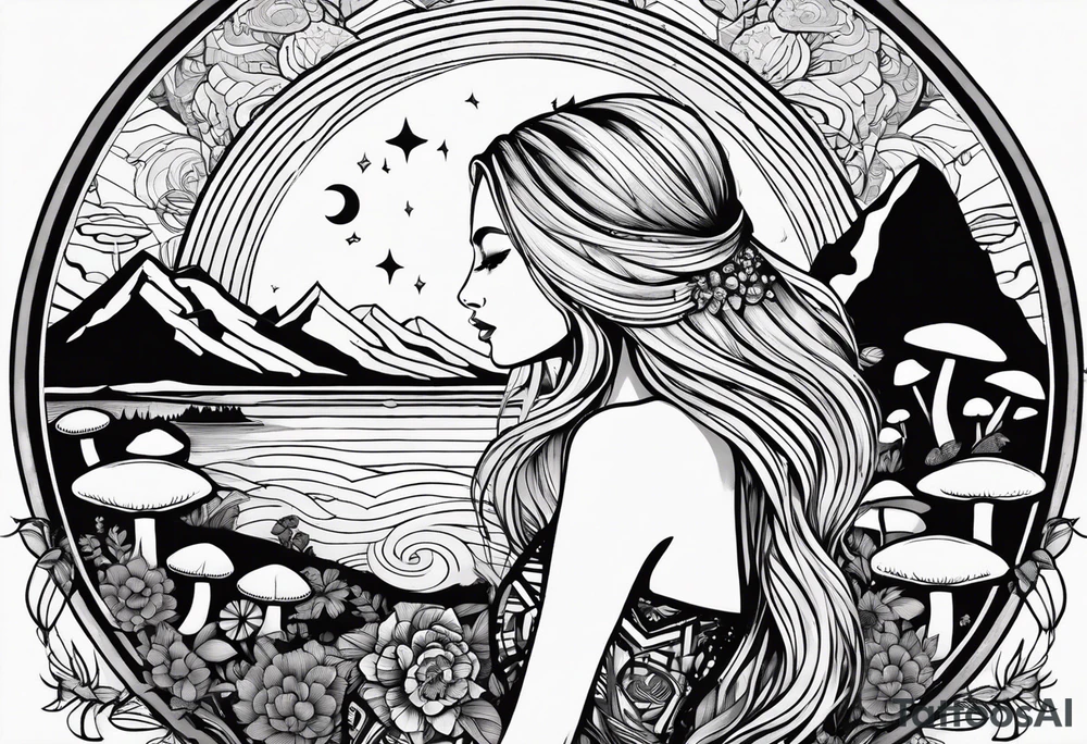 Straight blonde hair girl facing away toward mountains surrounded by mushrooms crescent moon mandala circular design black and white striped dress tattoo idea