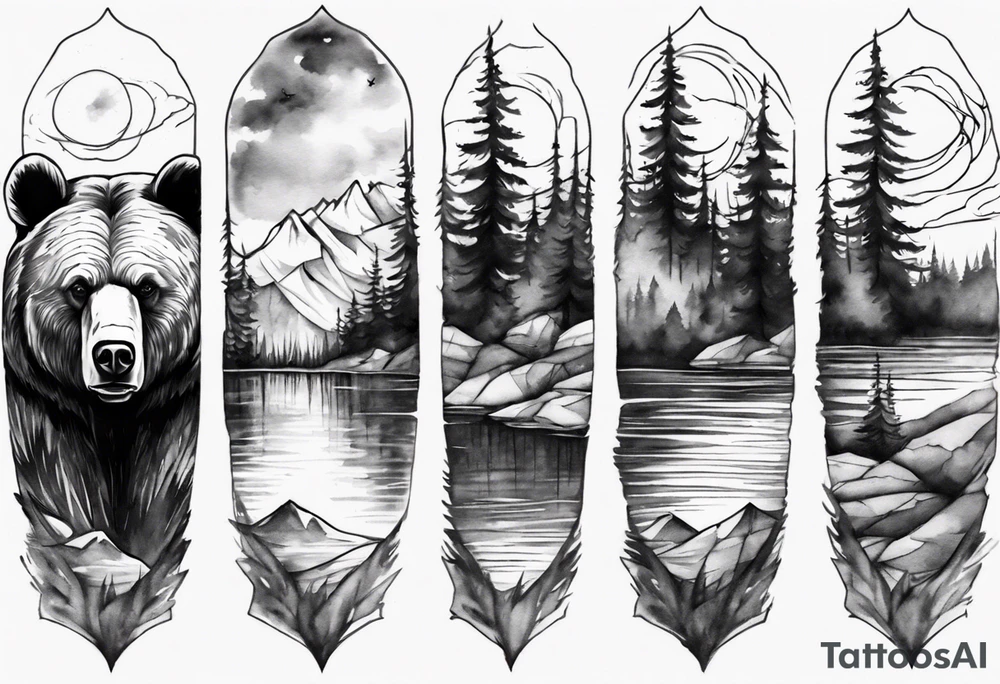 bear head right above the forest line with a lake below, full arm sleeve tattoo tattoo idea