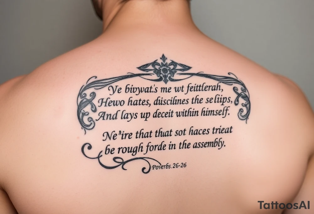 this bible verse proverbs 26: 25-26
He who hates, disguises it with his lips, And lays up deceit within himself,Their hatred may be concealed by deception, but their wickedness will be exposed in the assembly tattoo idea