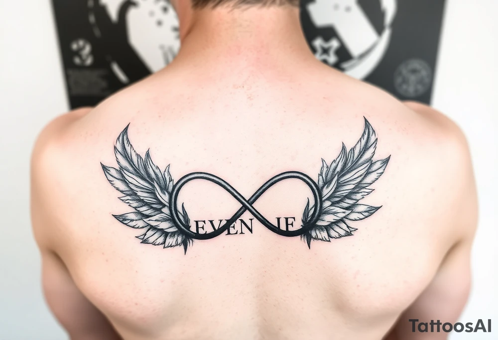 feathers and infinity symbol with words "EVEN IF" tattoo idea