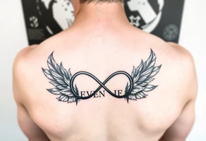 feathers and infinity symbol with words "EVEN IF" tattoo idea