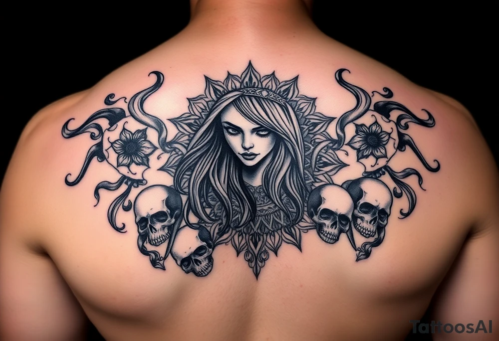 Gangsta sadgirl surrounded by mandala smoke and skulls tattoo idea