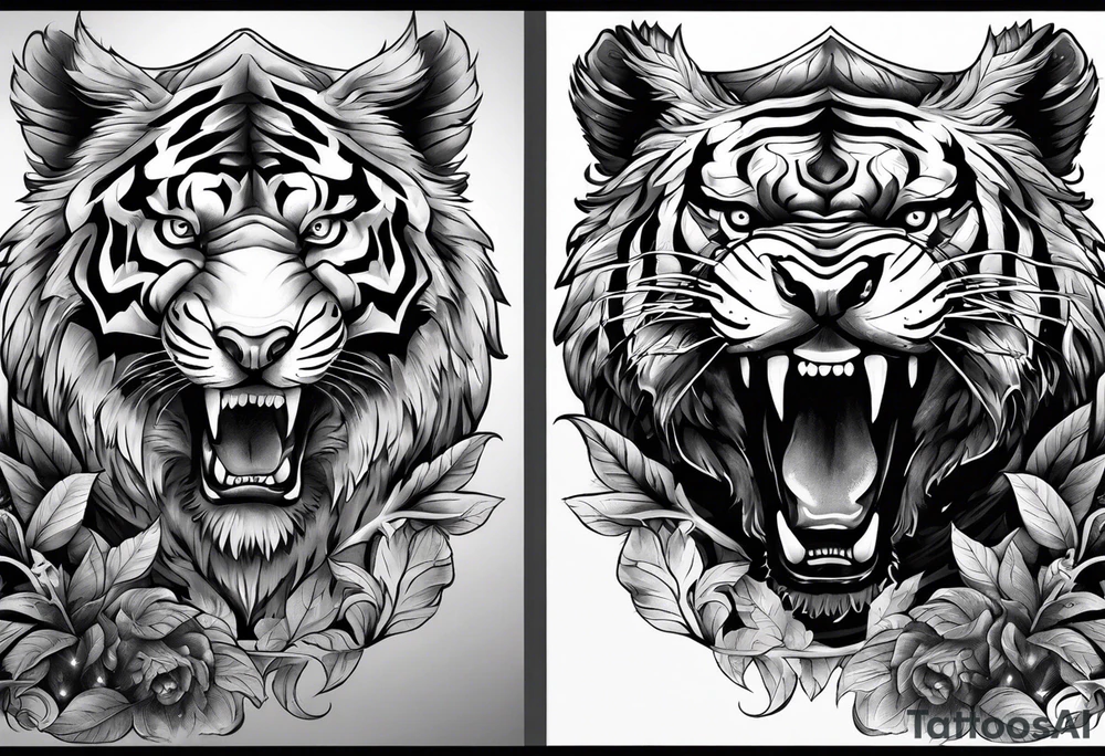 Tiger and bear growling chest tattoo both on different pecs. They are in a cloudy forest with fierce warriors. Number 14 is in the sternum tattoo idea
