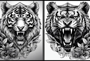 Tiger and bear growling chest tattoo both on different pecs. They are in a cloudy forest with fierce warriors. Number 14 is in the sternum tattoo idea