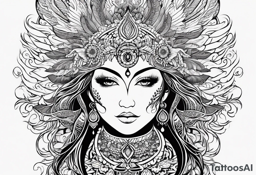 Tribal bohemian feminine impowering Phoenix rising with smoke, mandala sun, floral, lace background tattoo idea